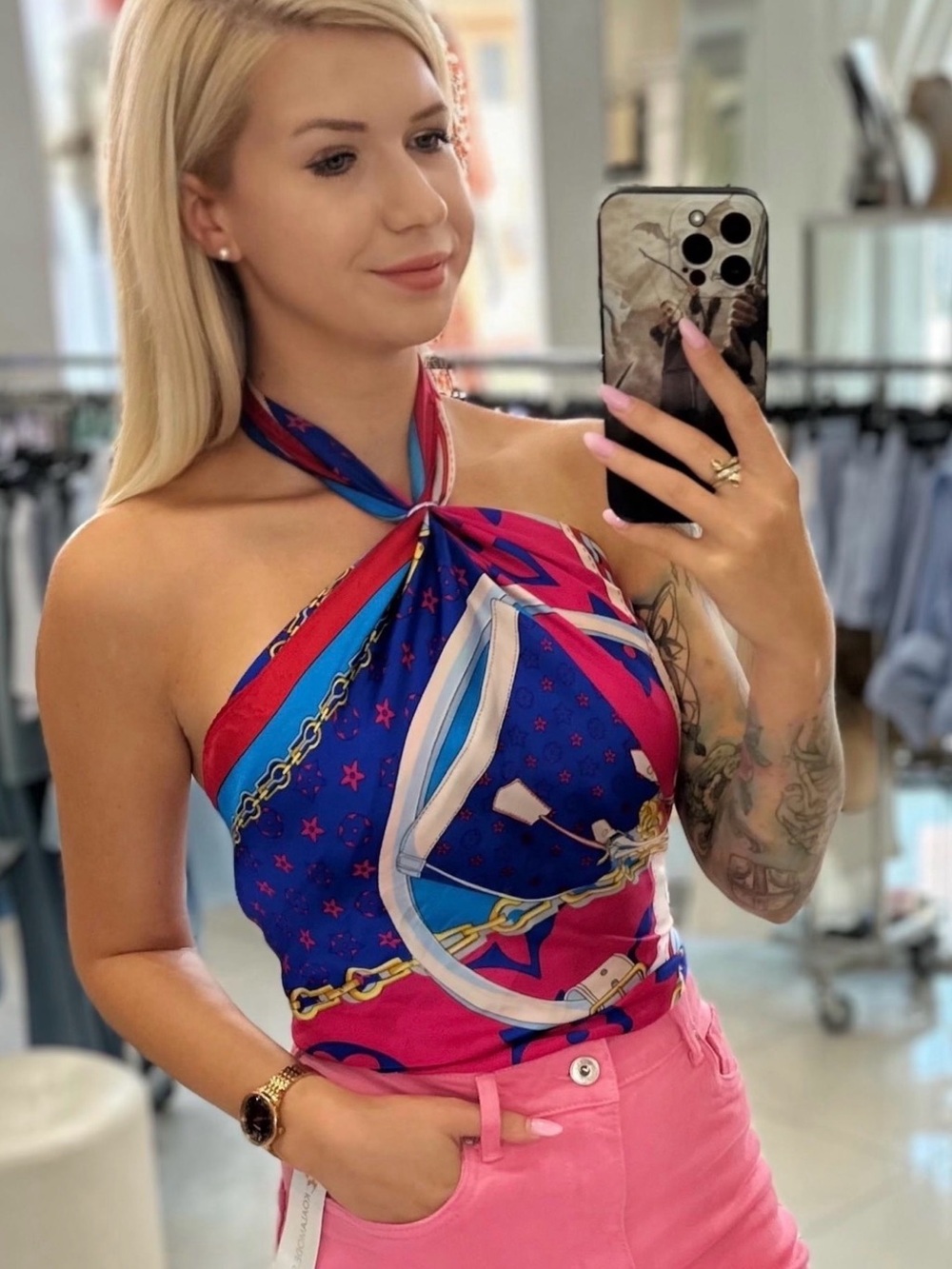 Stylish Blue and Pink Halter Scarf Top